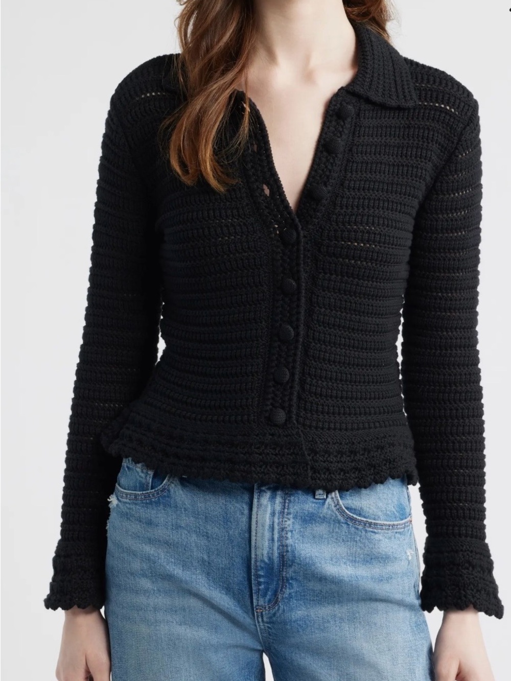 Madewell Black Cotton Crocheted Button-Front Cardigan